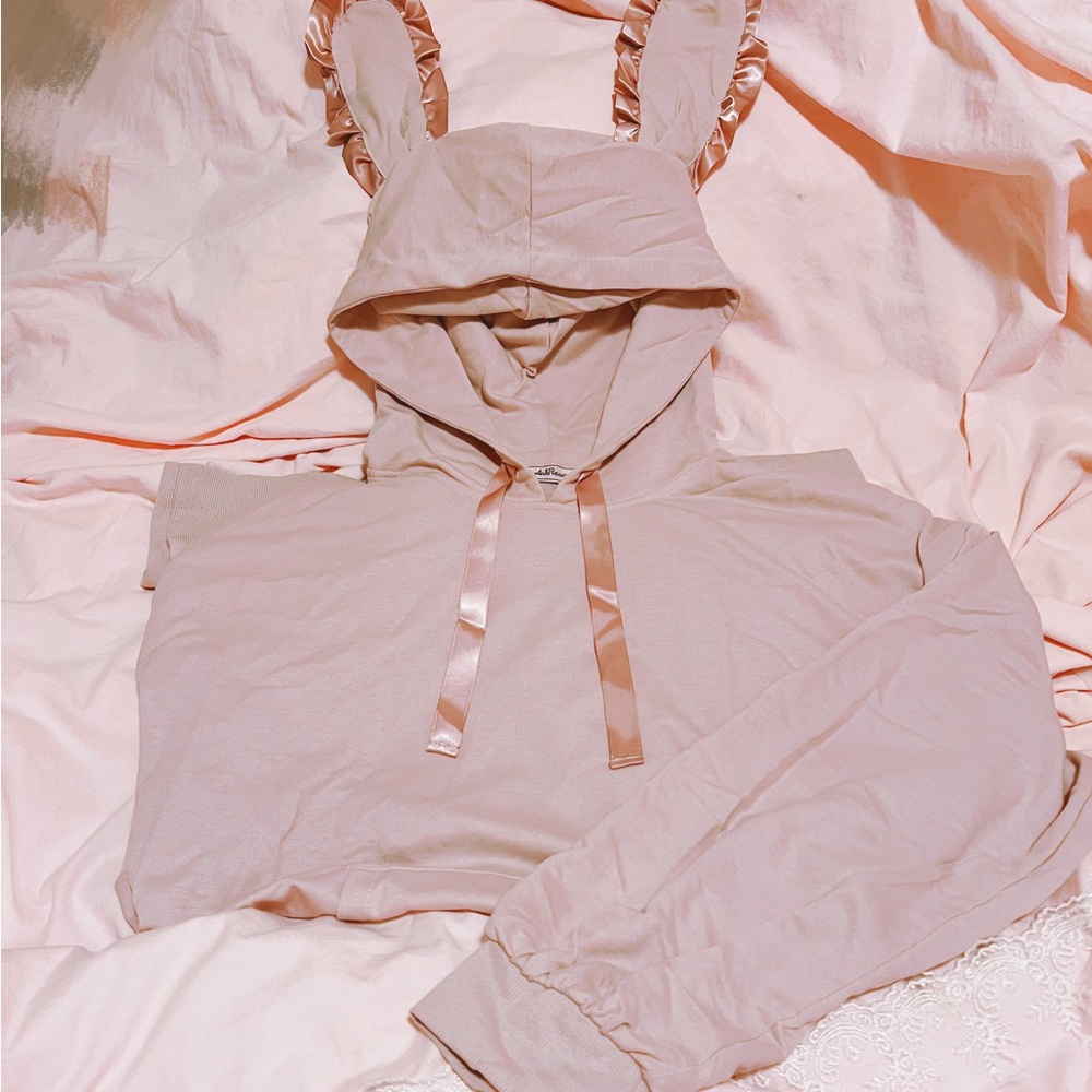 AnkRouge Kawaii Jirai kei Ryosan J-fashion Pink Ribbon Hoodie Dress w Bunny Ears